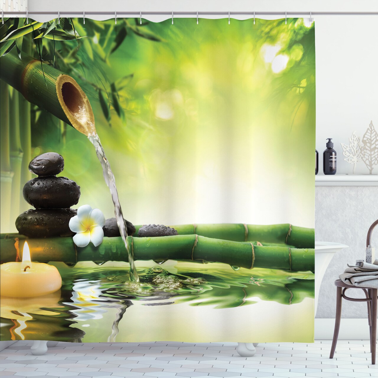 Ambesonne Spa Shower Curtain, Relaxing Meditation Art Theme Picture of Bamboo and Candle with Blurred Background, Cloth Fabric Decor for Apartment Bathroom Set with 12 Hooks, 69" W x 70" L, Multicolor